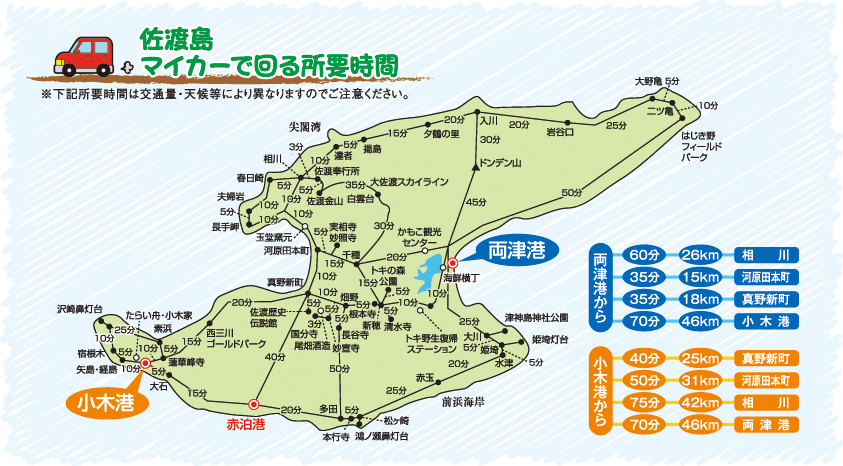 佐渡島 車で回る所要時間マップ